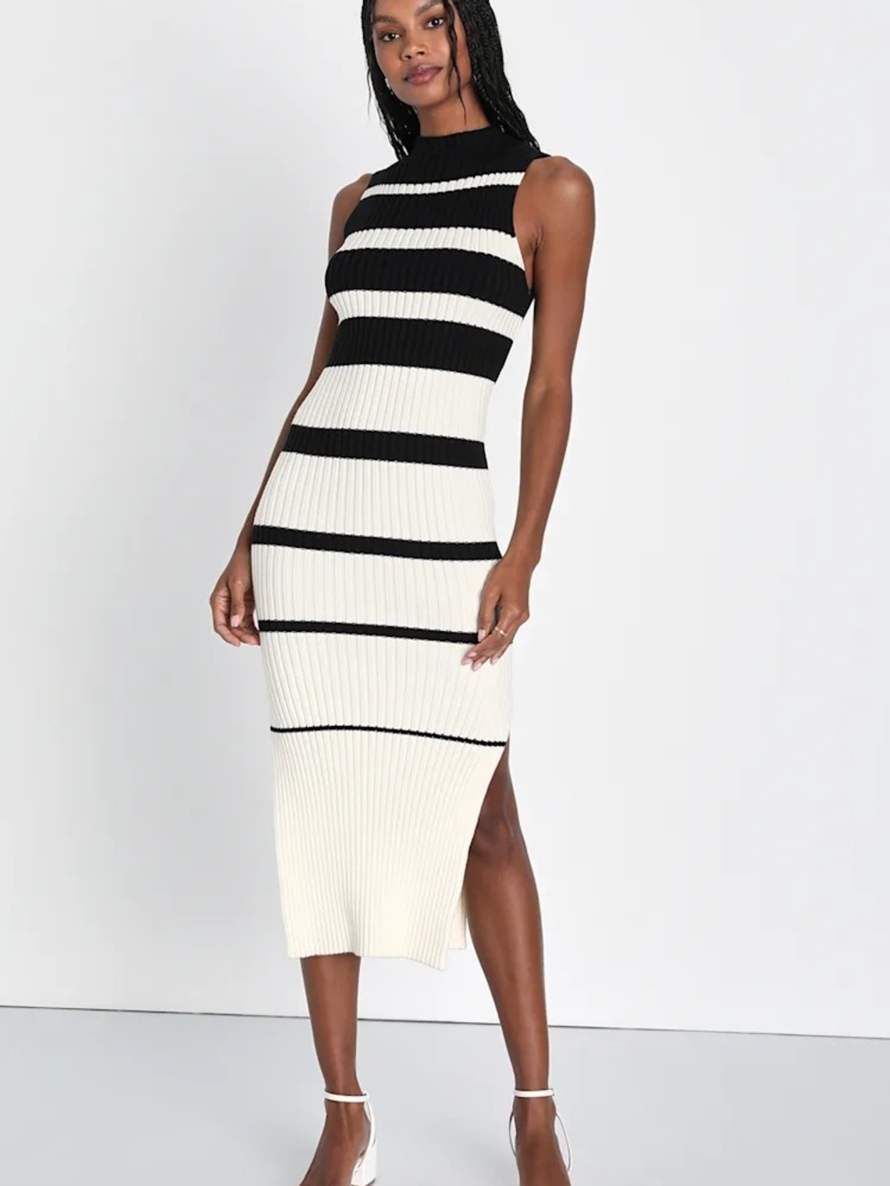 Lulu's Black and Ivory Striped Ribbed Midi Dress